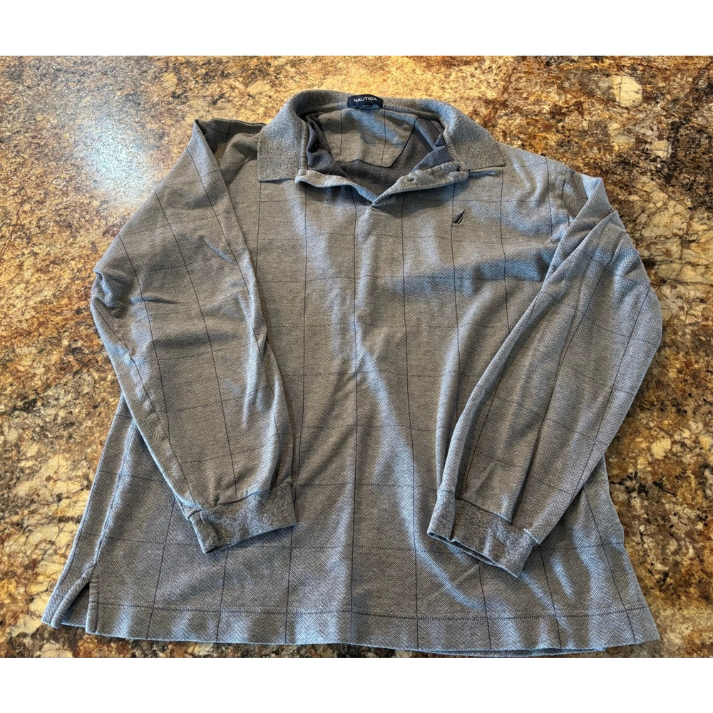 Nautica Gray Long Sleeve Polo Shirt XL Windowpane Herringbone Cotton